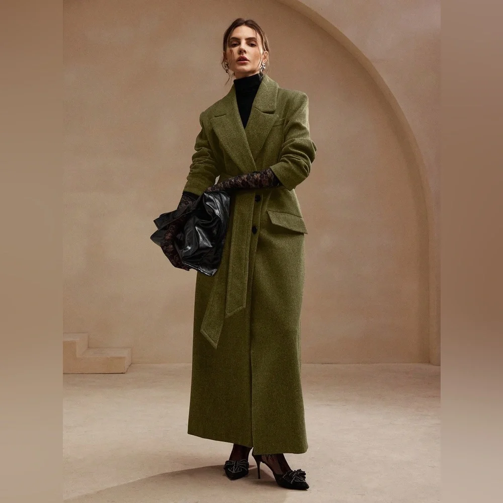 Luxury Long Pea Coat Belted Jacket dark Brown - Picture 11 of 13